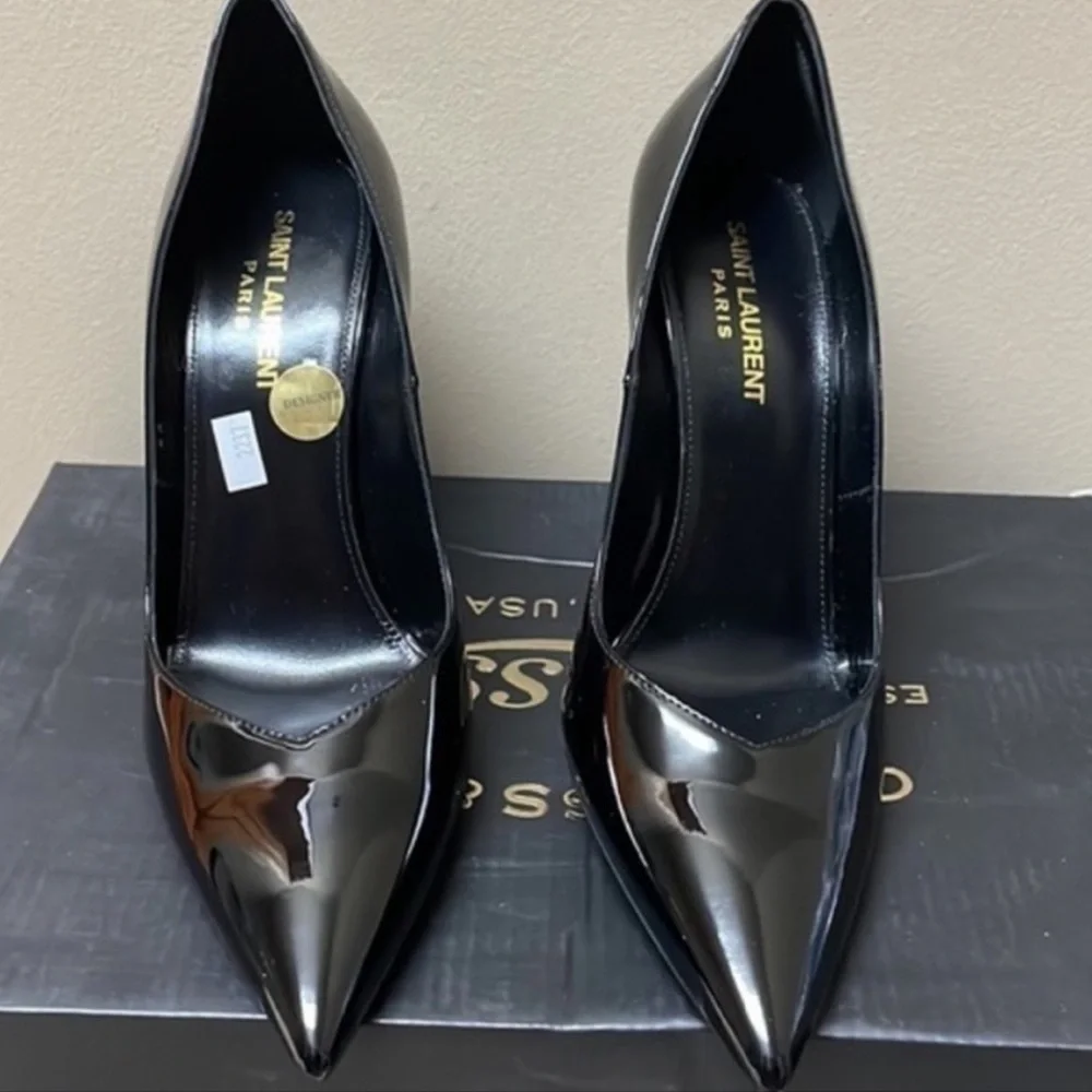 Saint Laurent Black Patent Leather Pointed-Toe Stiletto Pumps - Picture 4 of 11